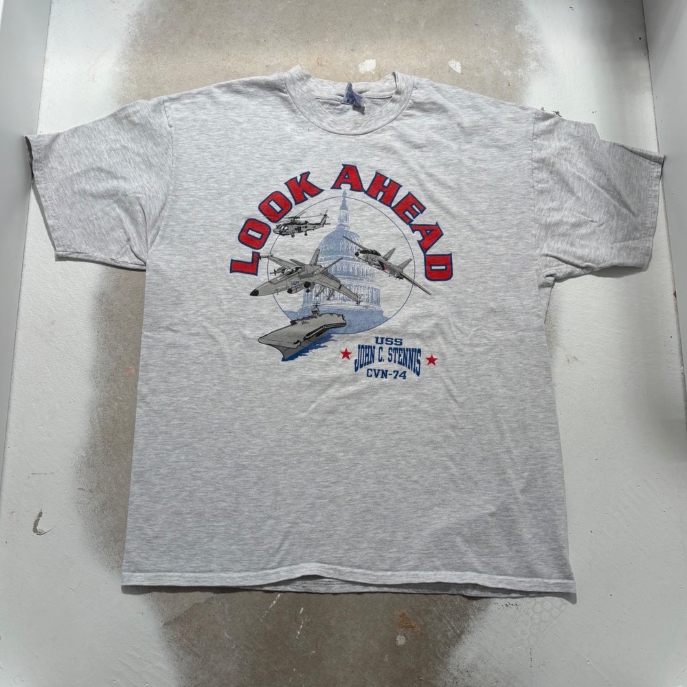 Vintage Hanes Beefy-T USS John C Stennis CVN-74 T-Shirt Gray XL Look Ahead